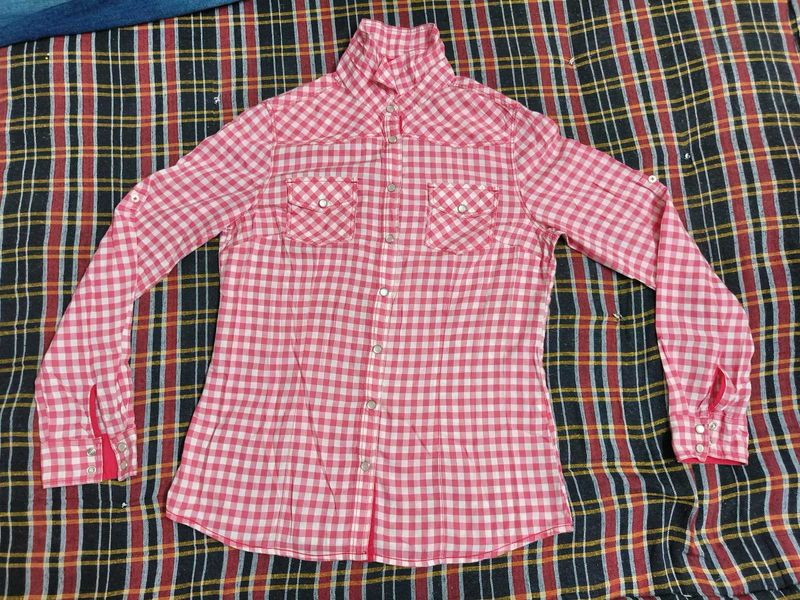 Women Pink And White Checked Shirt