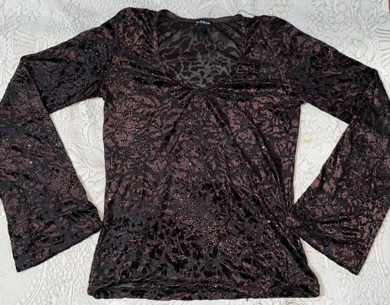 Y2k Brown Velvet Sparkle Top