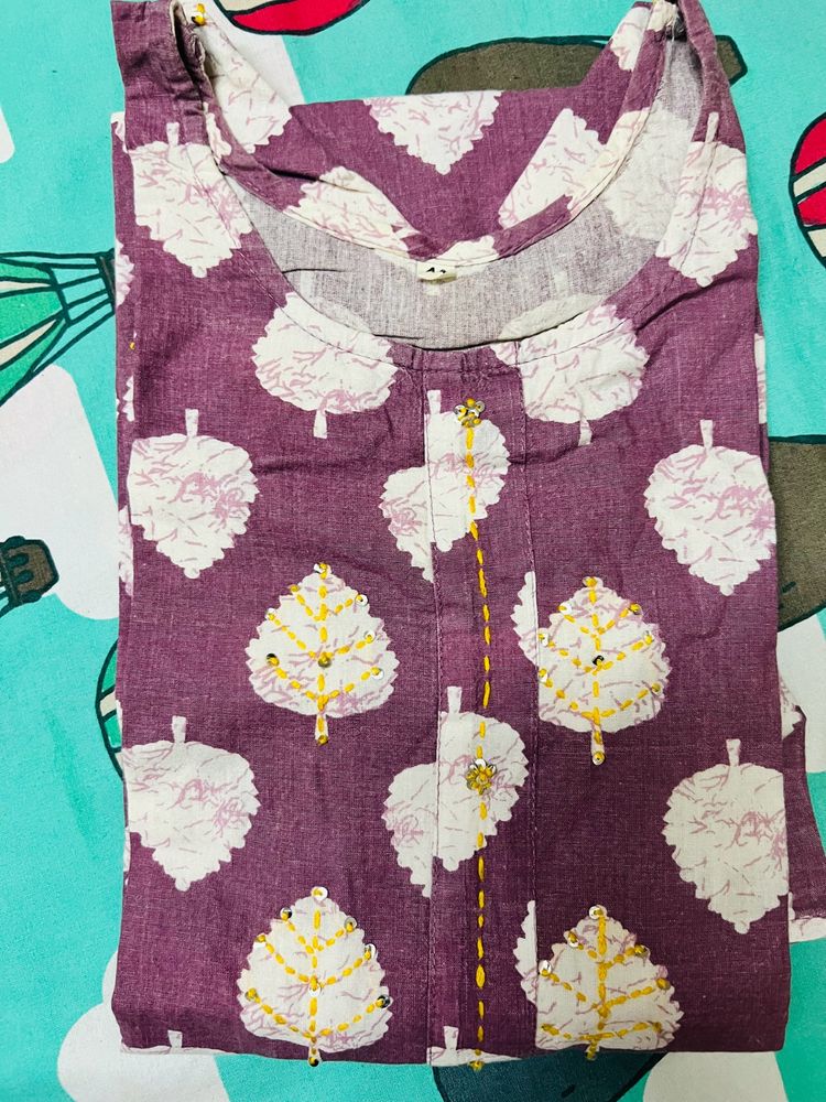 Leaves Printed Round Neck Light Purple Kurta