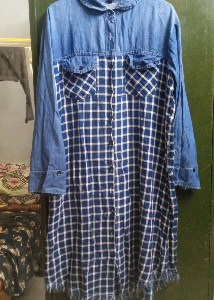 Denim Blue Check Shirt Top For Women