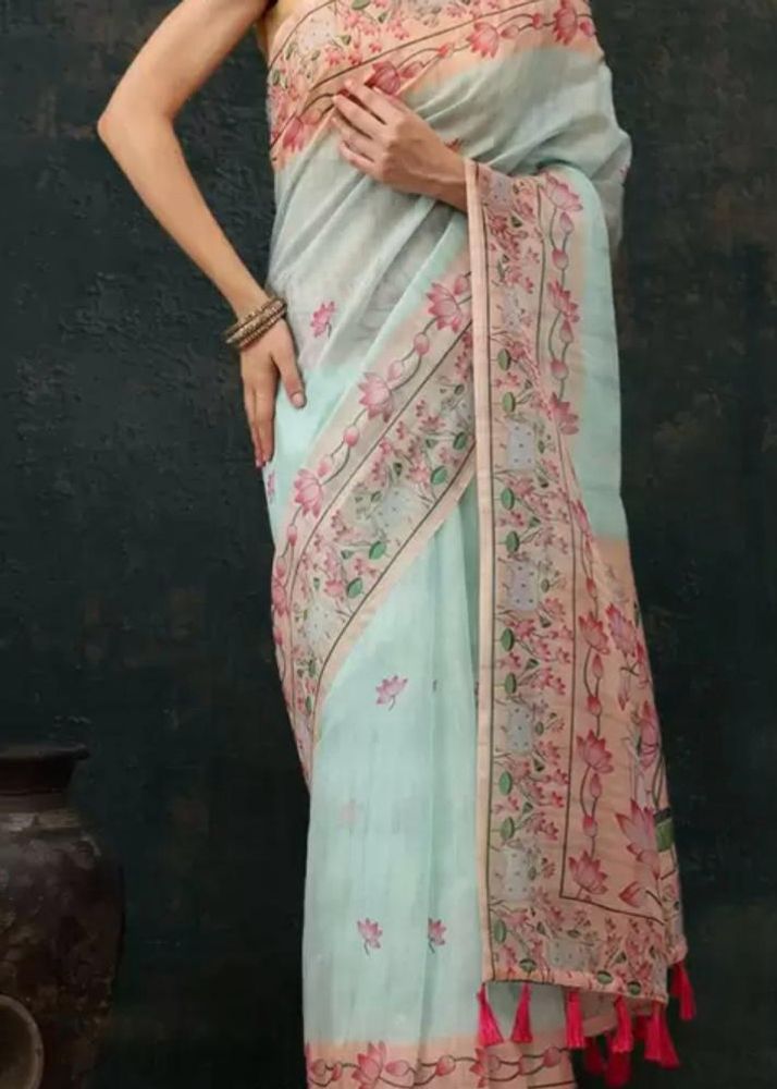 teal and pink, cotton blend, chanderi type saree