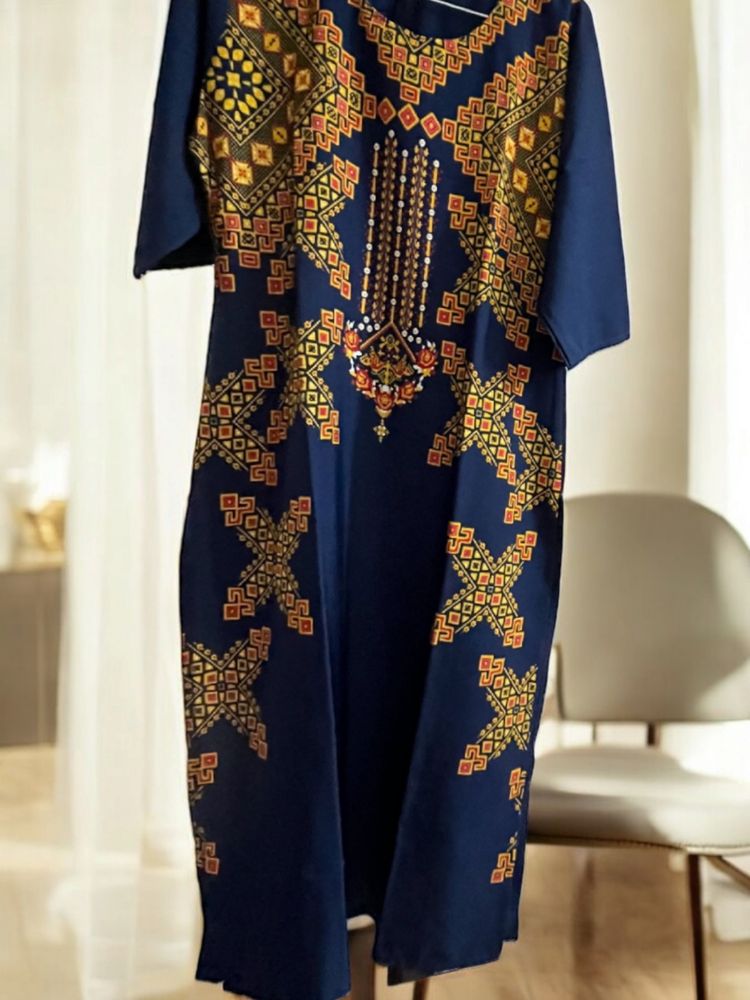 🇵🇰Pakistan Style Navy Blue Printed Long Kurta