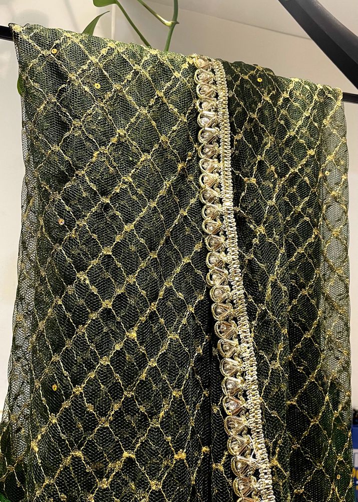 😍Elegant Green And Gold Net Saree With Lace Borde