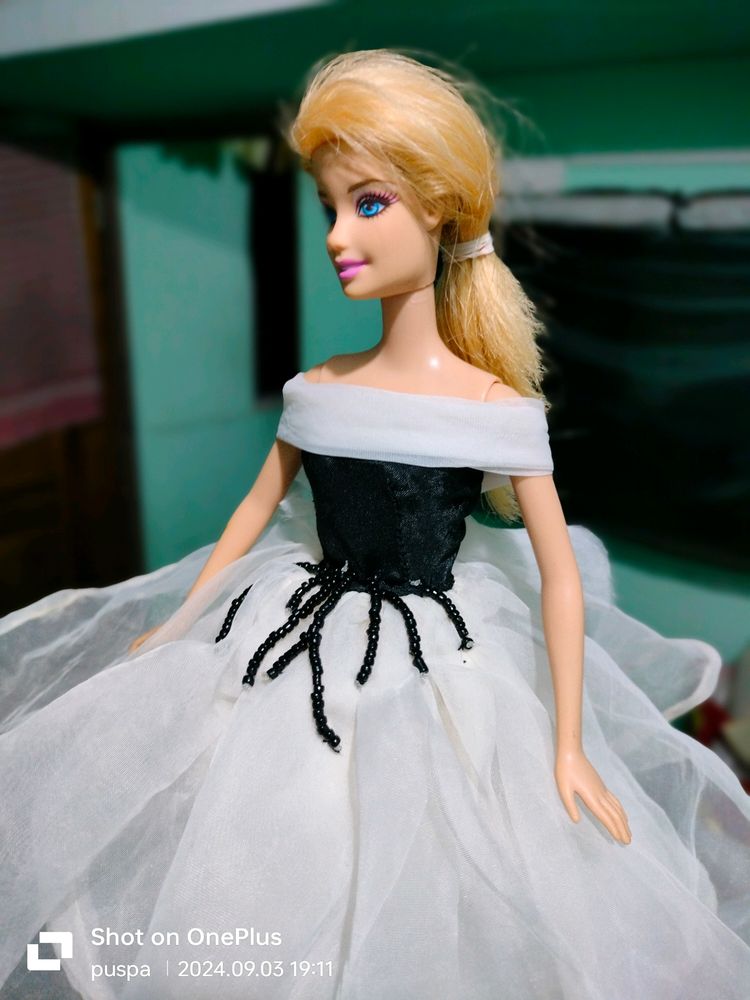 White And Black Gown For Barbie Doll