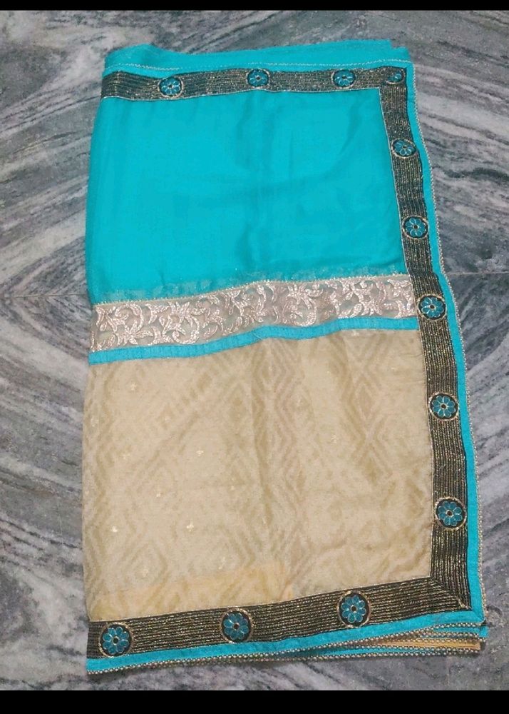 Blue And Cream Saree With Boarder Plus Peals 🌸🧿