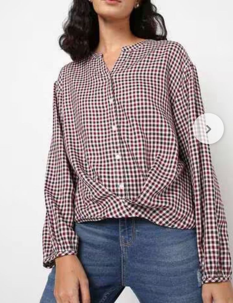 Checked Shirt With Notched Round Neck