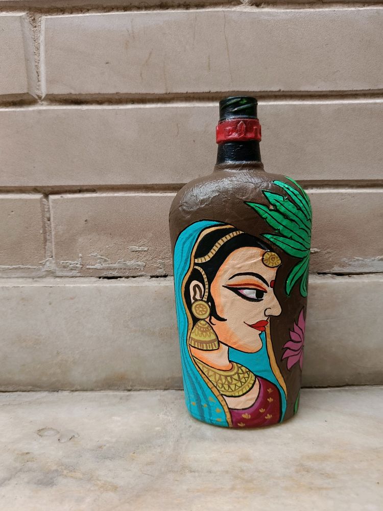 Handpainted Indian Woman On Glass Bottle