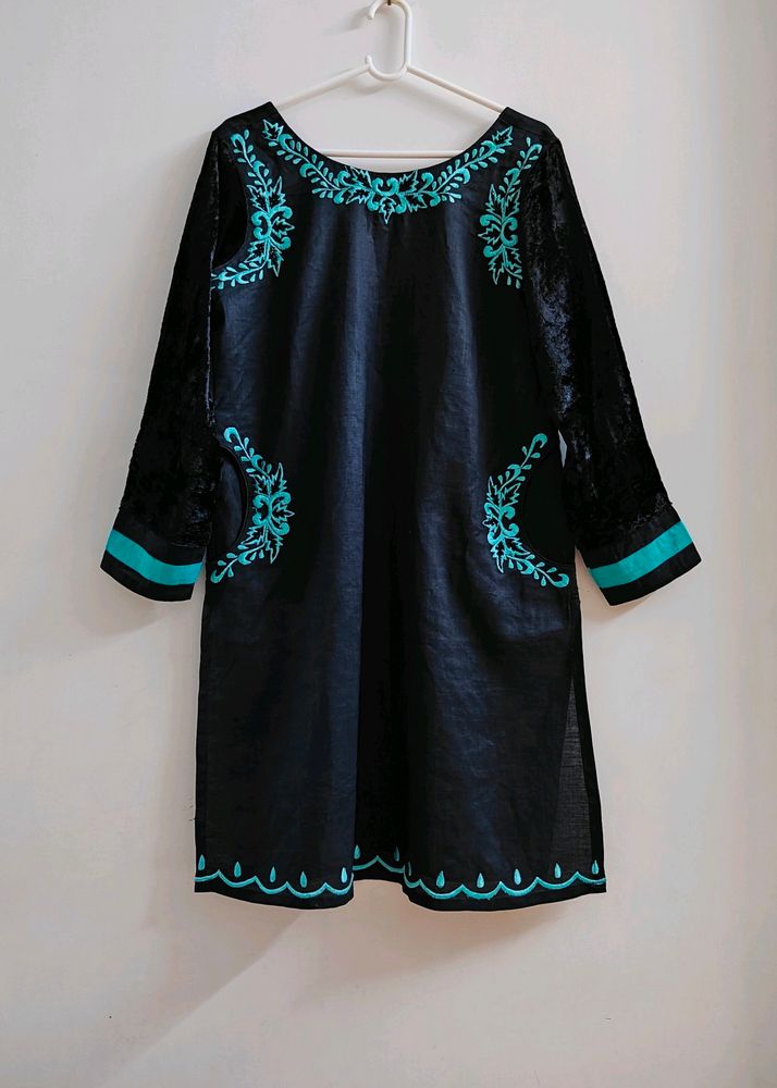 Embroidered Turquoise & Black Kurti