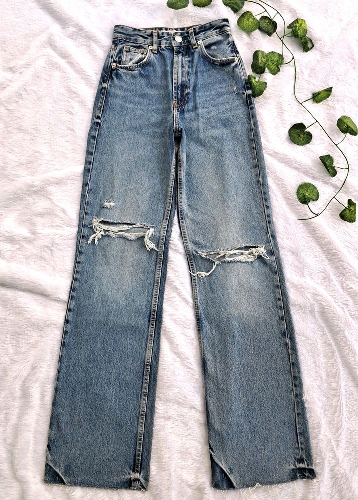 Zara New Ripped Wide Leg Jeans