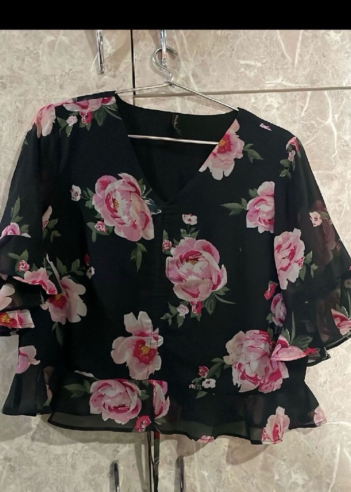 Black Flower Print Top Cum Crop Piece