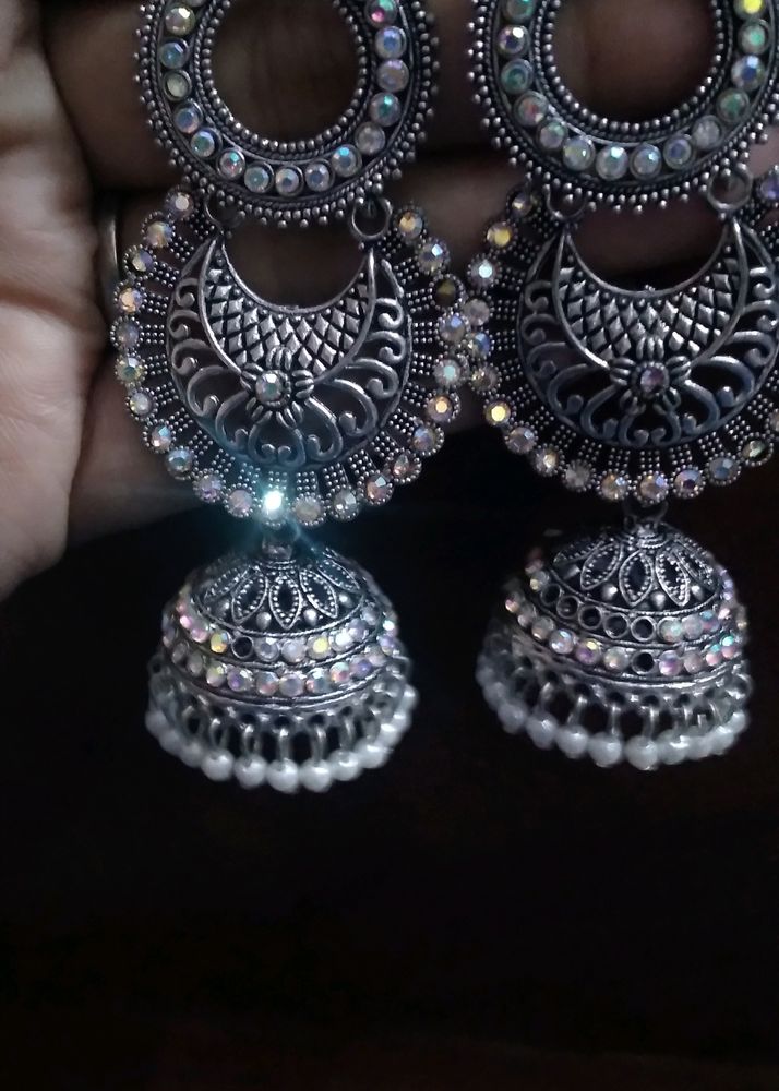 Oxidized Jhumkas With Stones