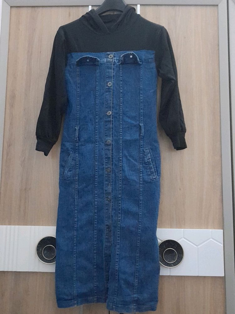 Cute Korean Street Denim Dress With Hoodie