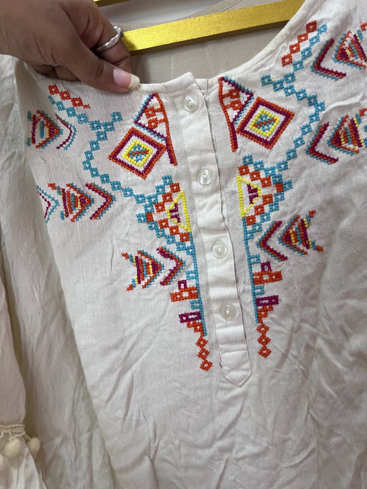 Multicolour Embroidery Kurta With Pompom