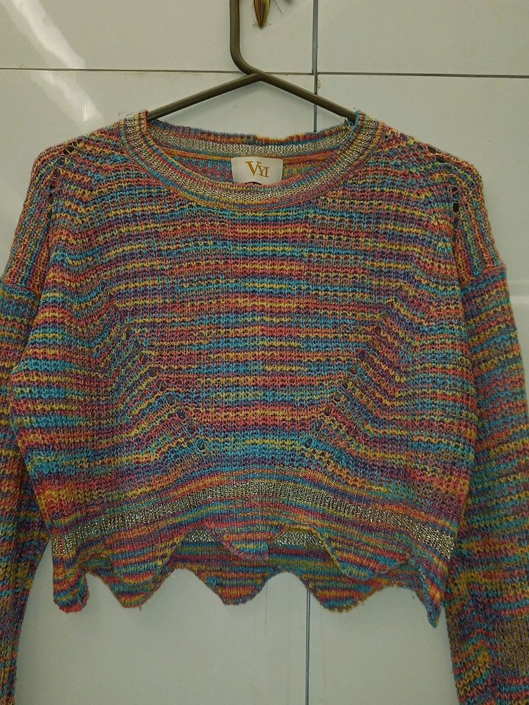 Crochet Multicolour Top With Long Thumb Sleeves