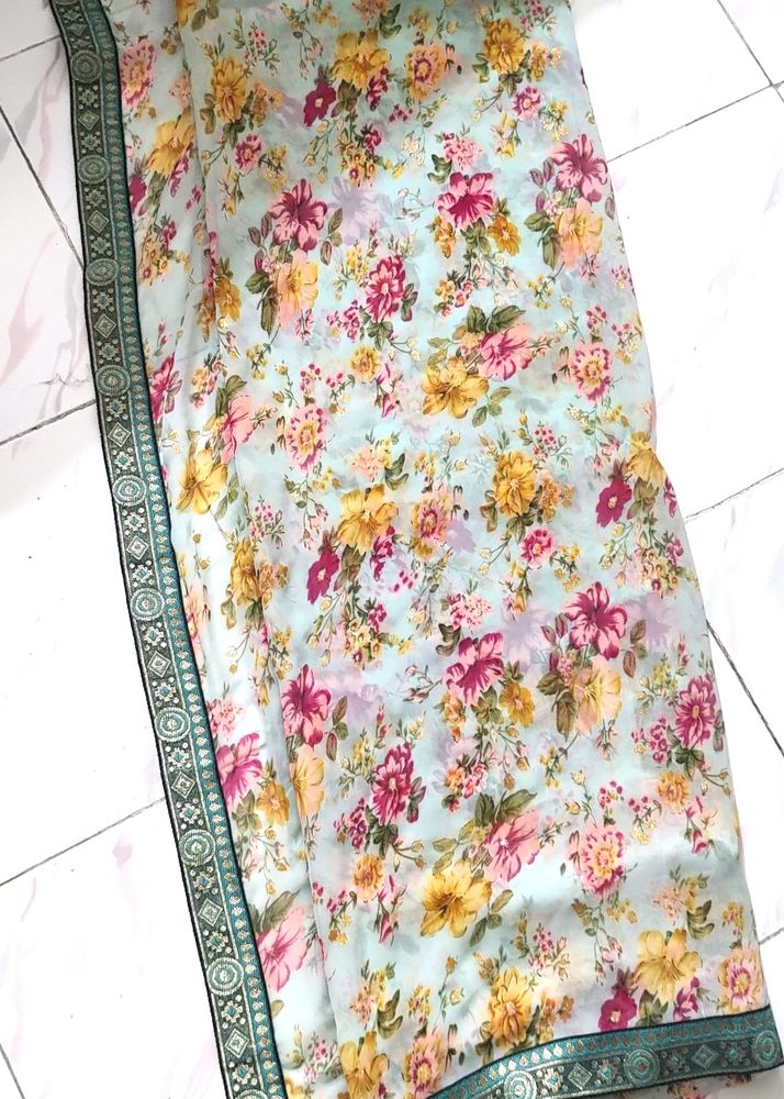 Sky Blue Floral Printed Saree