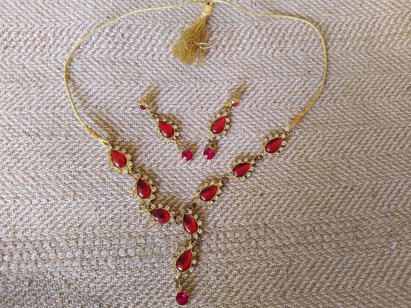 Red Necklace Earrings Set - Ruby Crystal