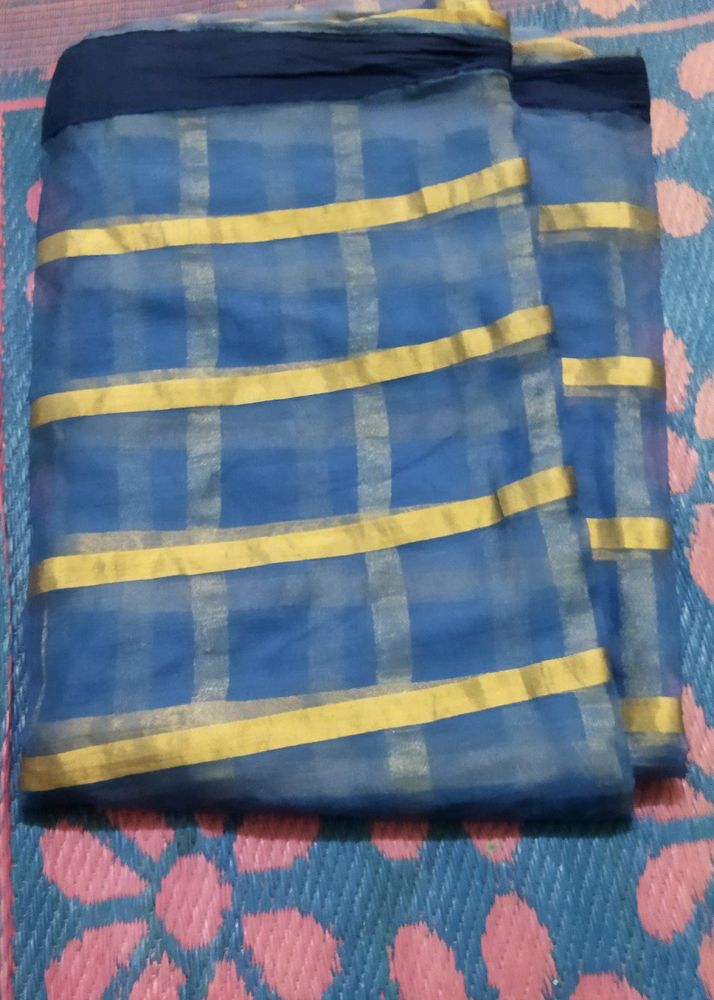 Blue Saree With Golden lines