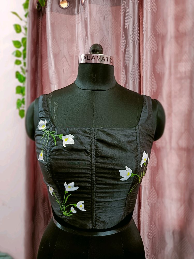 Hand-painted Floral Black Corset Top With Boning