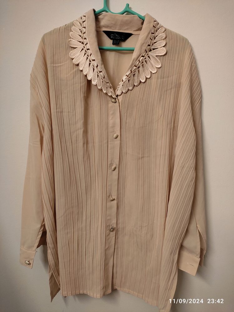 Beige Korean Shirt Embroidered Colar