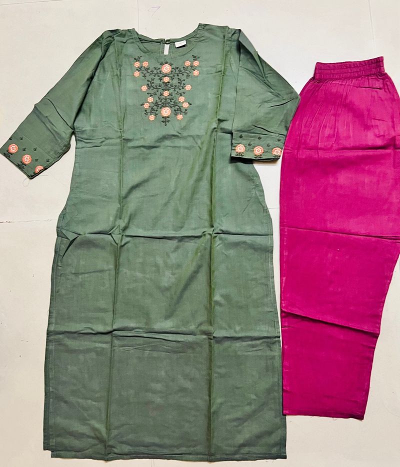 Light Green Kurta With Mauve Ankle Pant Set