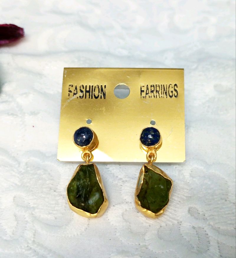 Raw Peridot & Lapis Lazuli Double Layered Earrings