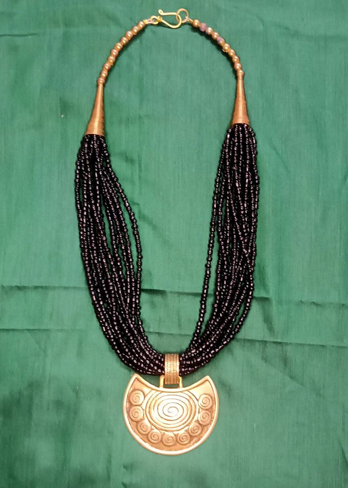 Black Beaded And Gold Brass Necklace.