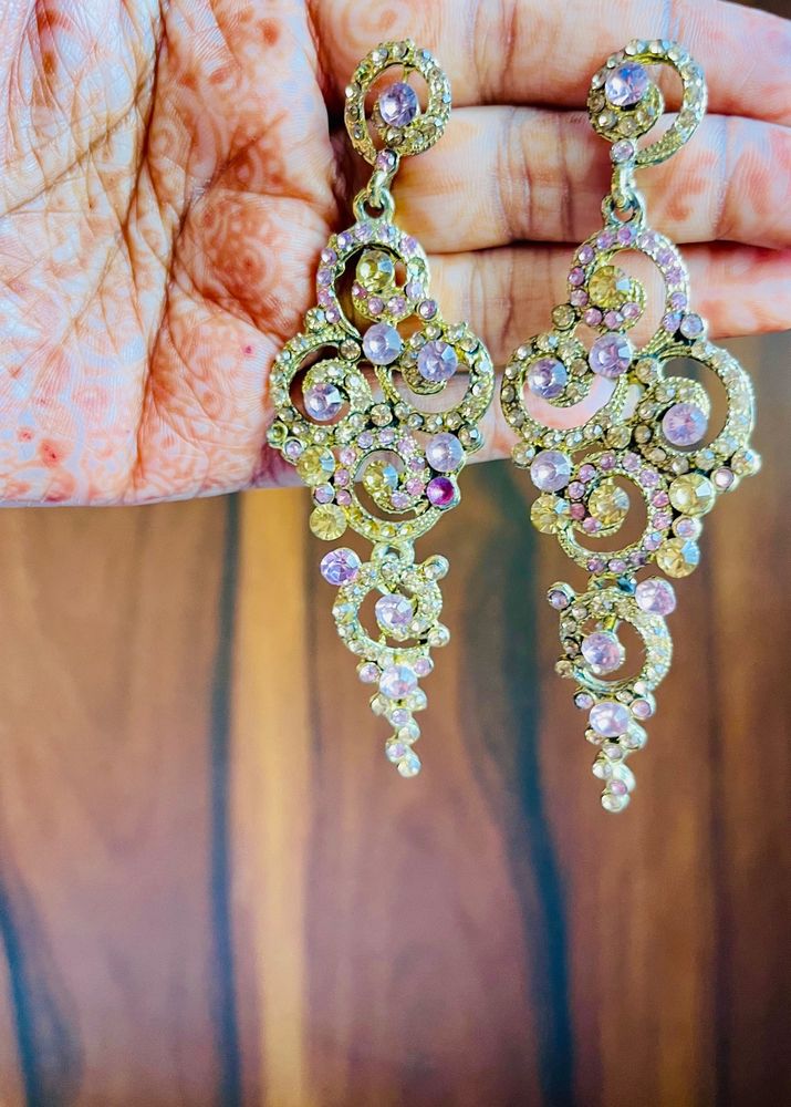 Pink And Golden Stone Party Wear Earrings