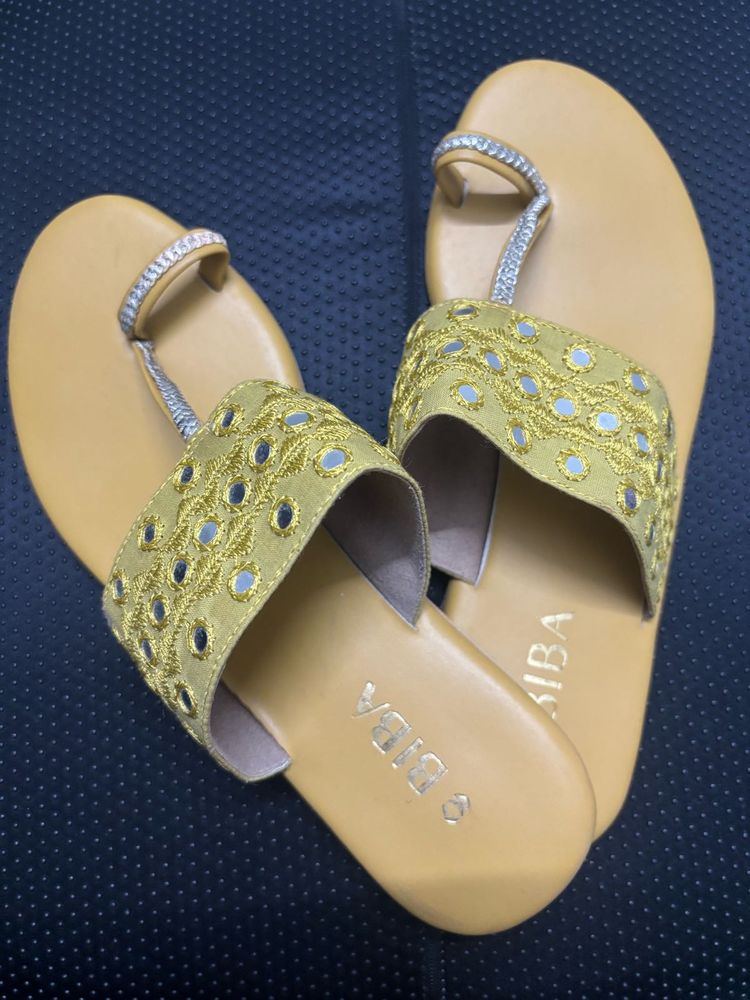 Biba (New) Yellow Embellished Open Toe Flats