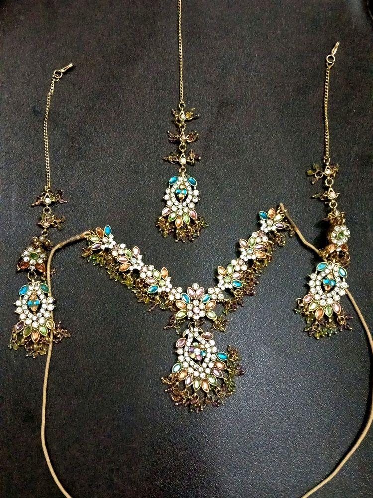 Necklace Earrings + MangTikka (Forehead Pendant)