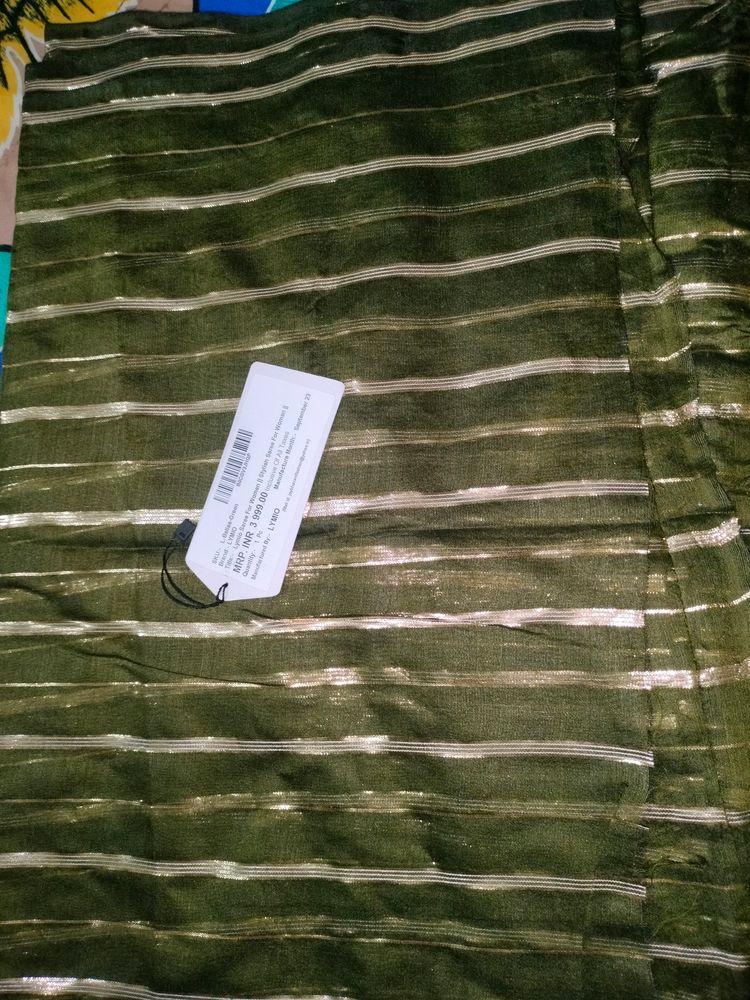 Chanderi Saree In Olive Green ~ No Blouse