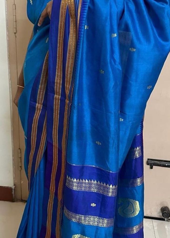 Pure Silk Copper Sulphate Blue Narayanpet Saree