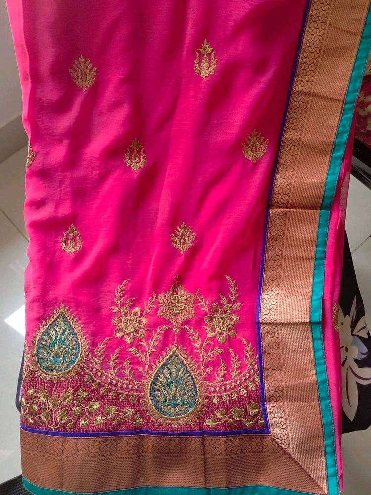 New Dark Pink Embroidered Saree With Blouse