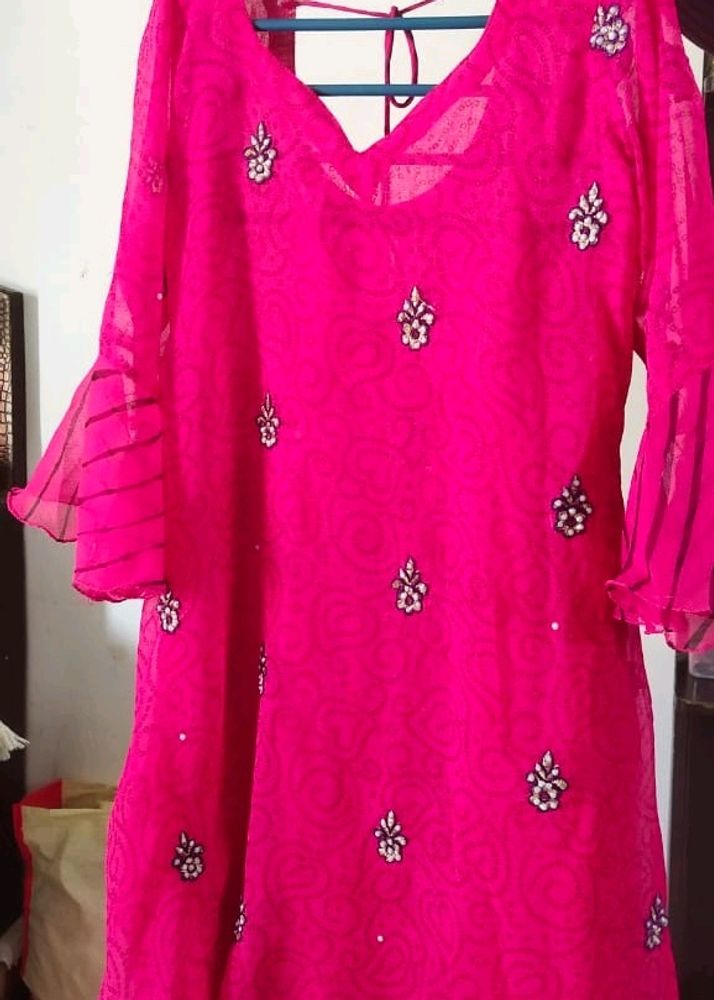 Pink Flore Lehriya Kurta With Palazzo