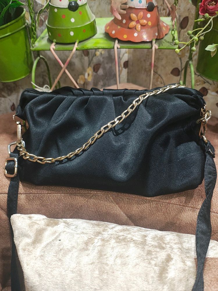 Satin Women Black Sling Bag