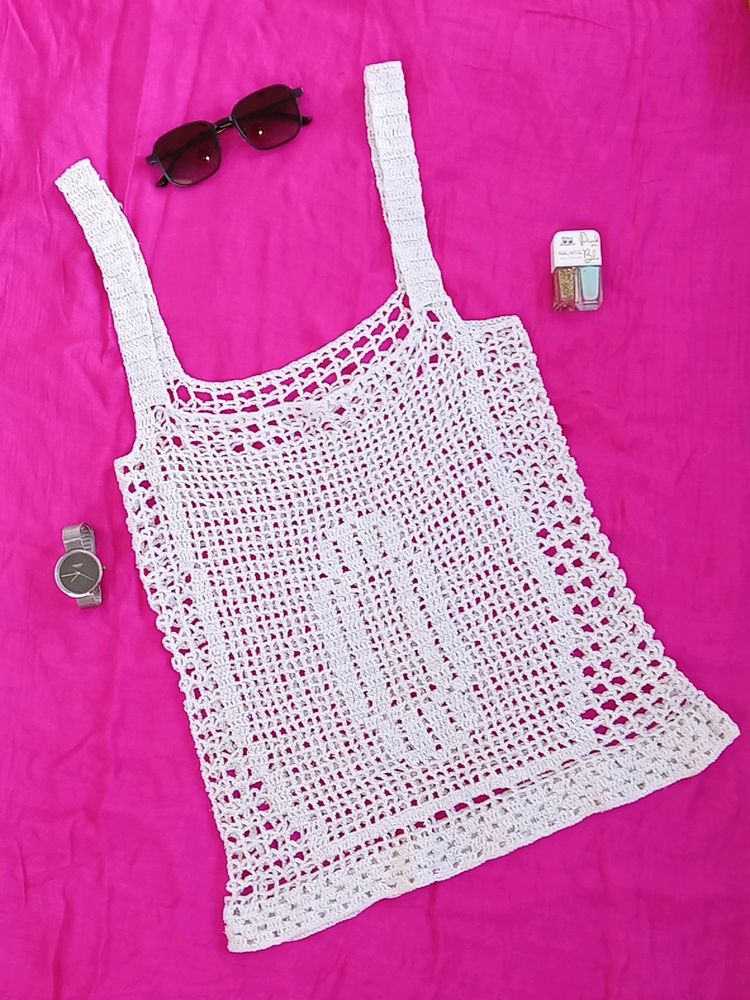 Shimmering White Crochet Party Top(Women's)