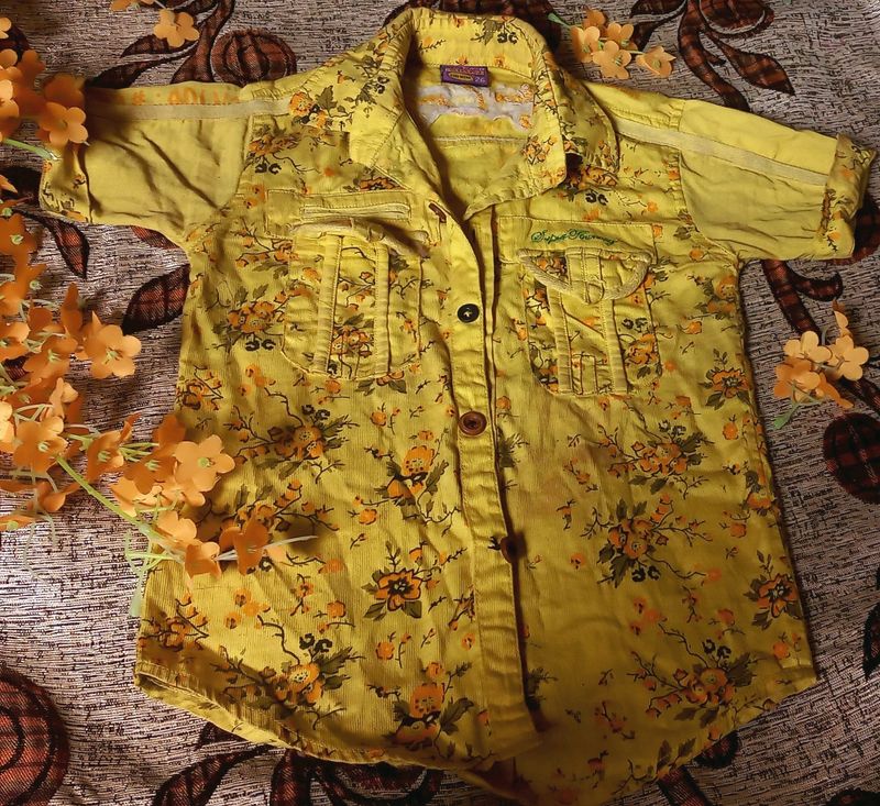 Yellow Floral Printed Kids Half Shirt