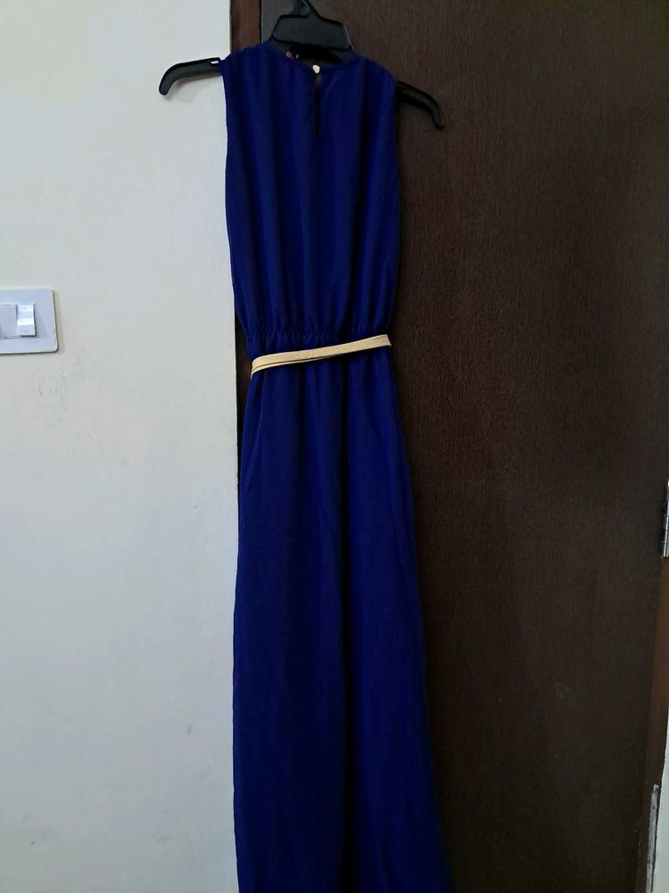 Navy Blue Evening Gown With Golden Cloth Belt