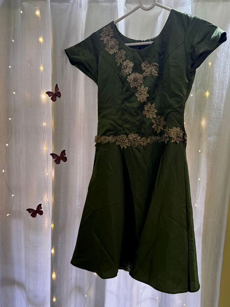 Olive Green Dress With Golden Scallops