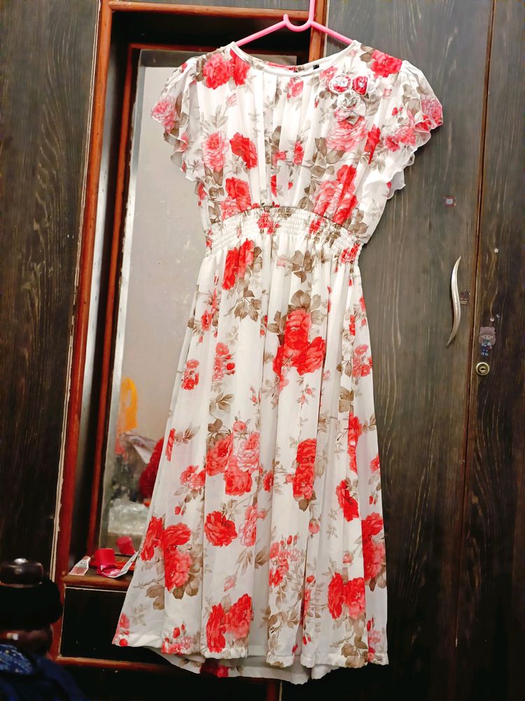 Floral Print White Cute Dress