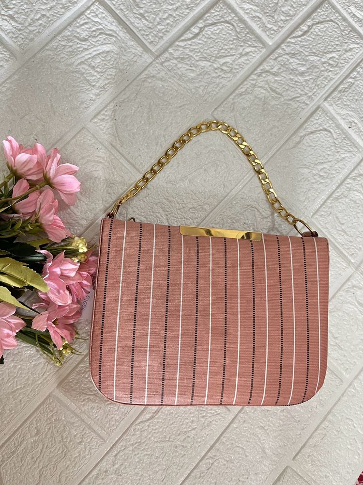 Peach stripped box sling bag