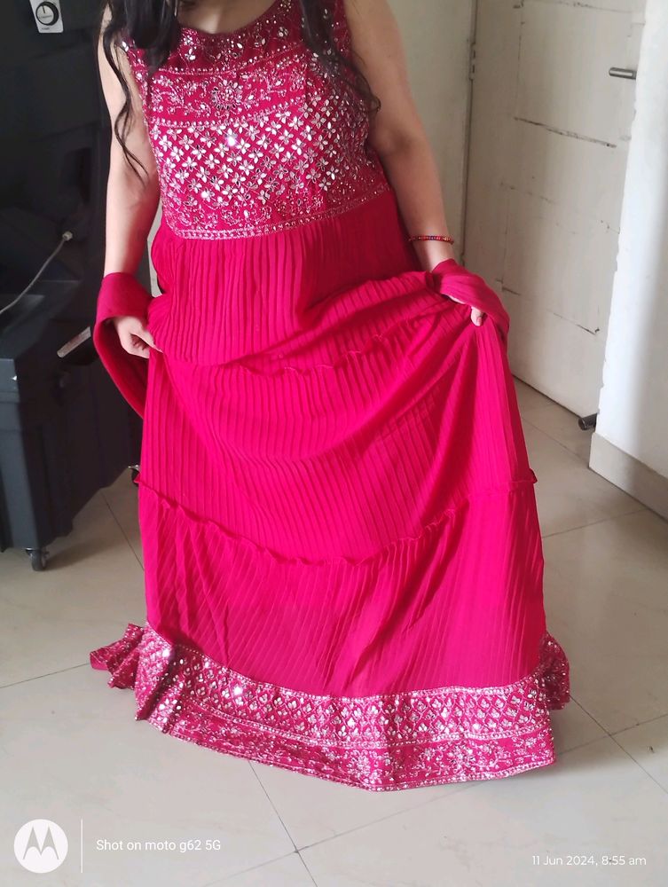 Hot Pink Mirror Work Gown with Duppata