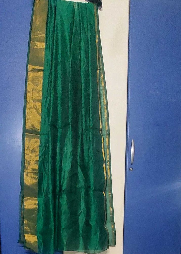 New green silkcotton dupatta with gold border