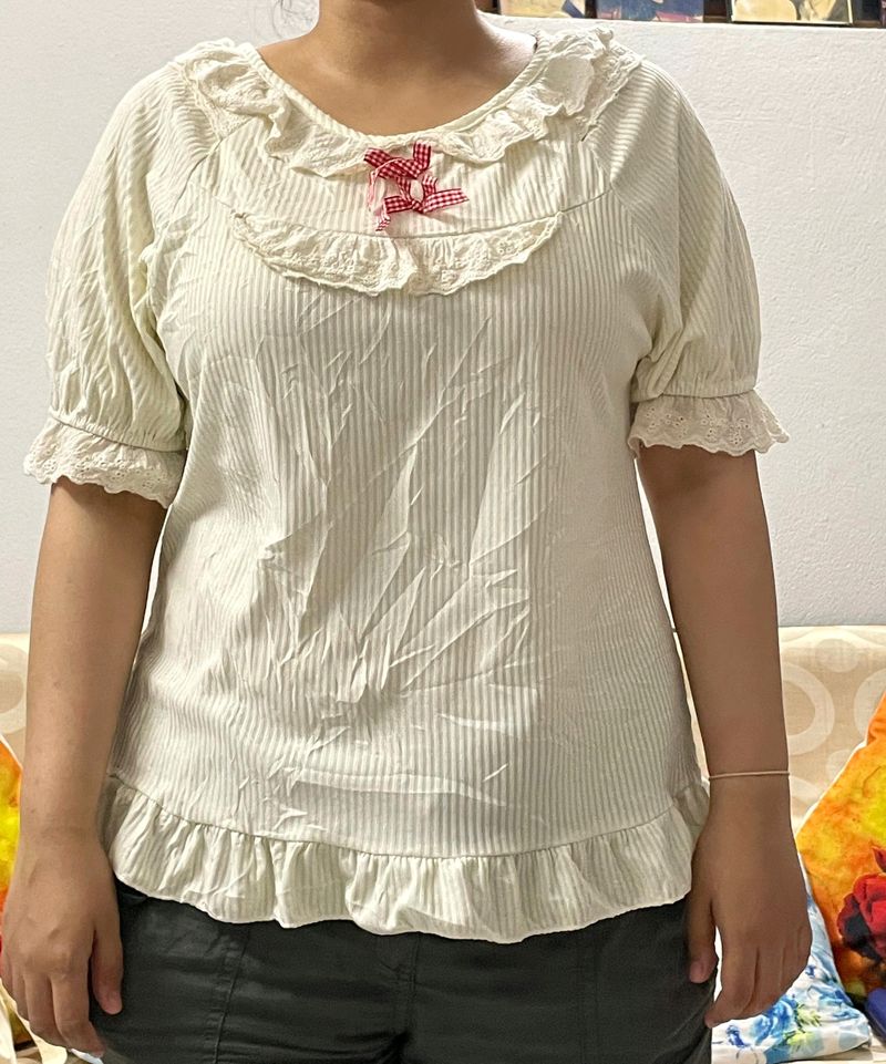 Cute Ribbon And White Frills Top