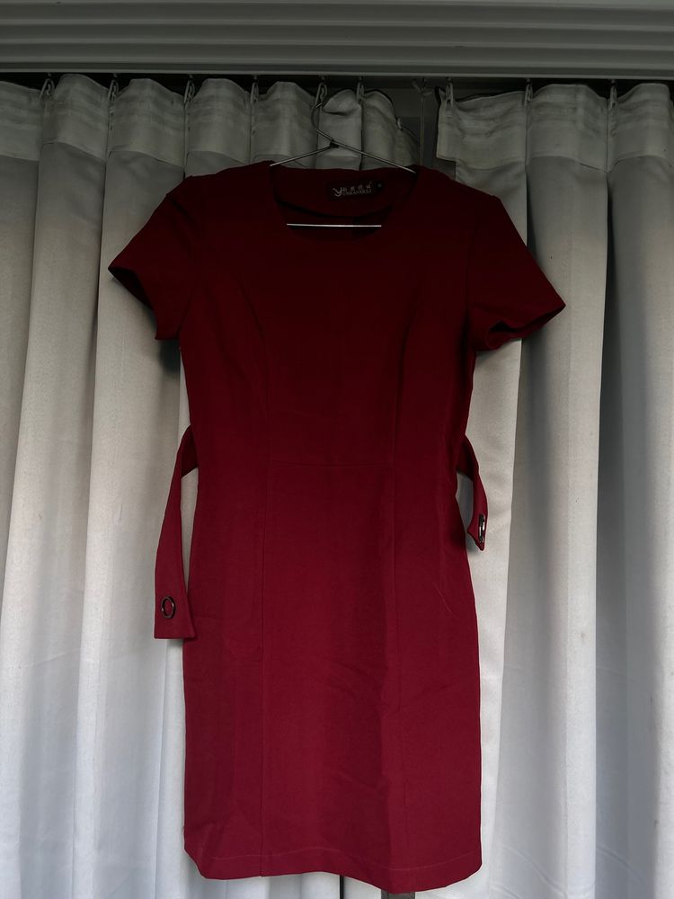 Formal & Casual Wine Red / Maroon Dress With Belt