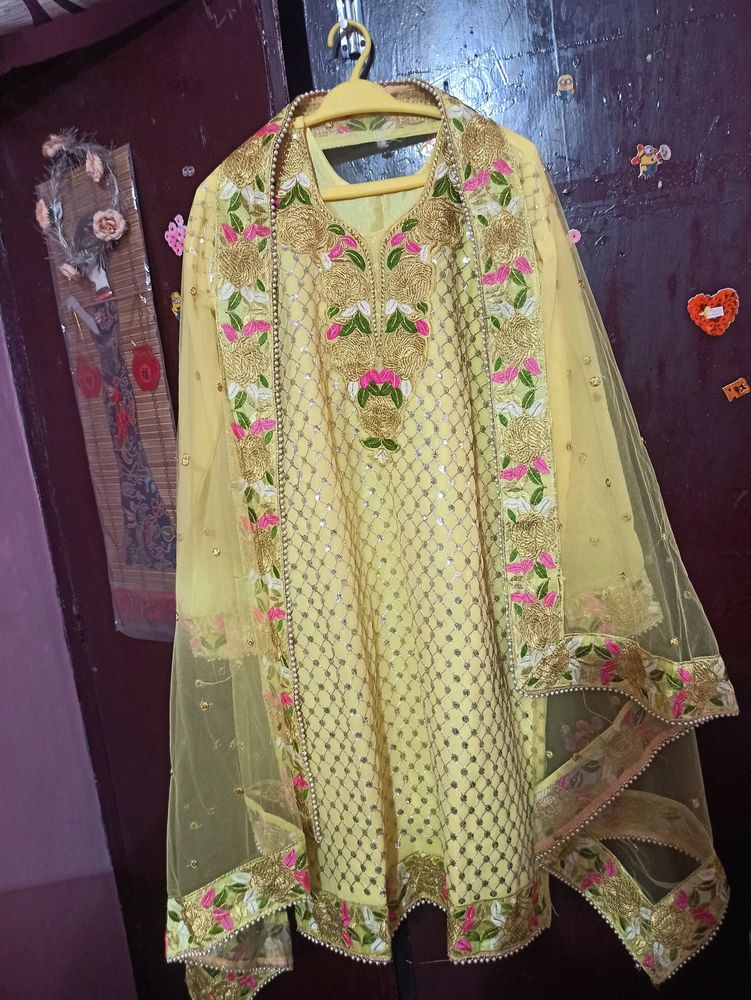 Sequin Yellow Pallazo Semi Stitched Suit