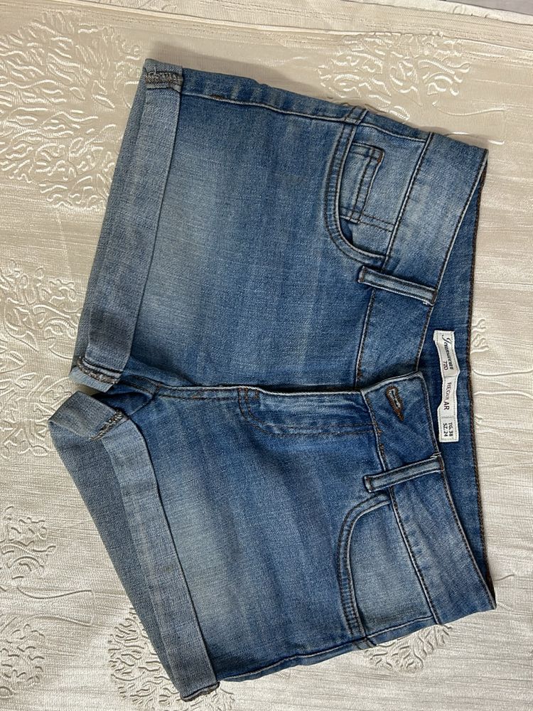 Blue Denim Mid Waist Shorts