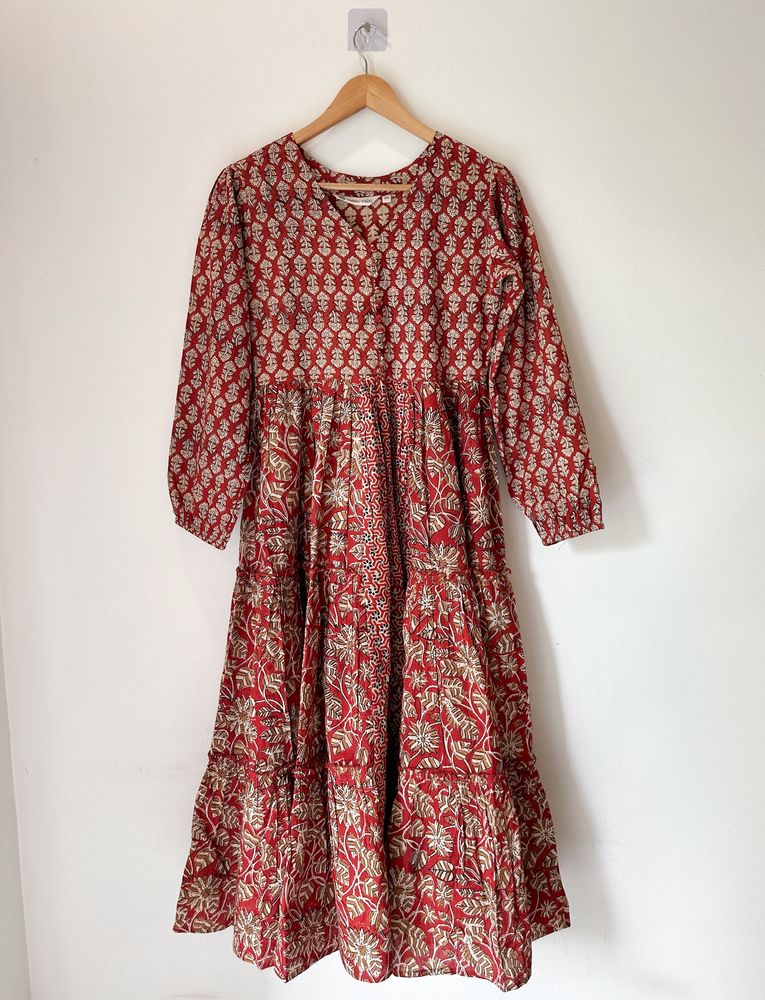 Hand Block Print Rust Midi Dress