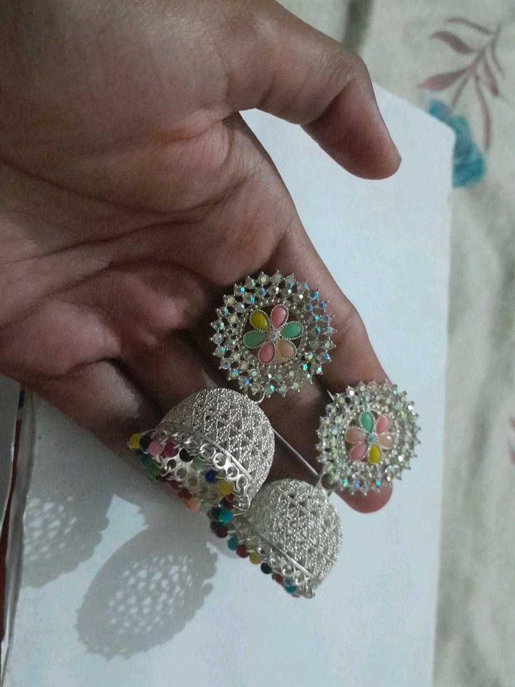 Silver White With Colourful Buds Jhumkas For Women