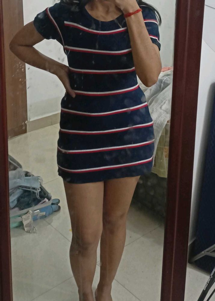 Crew Neck Striped Navy Blue Red Short Sleeve Dress