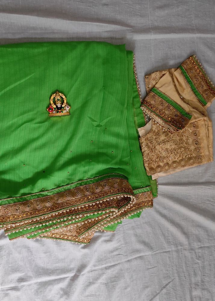 Green Pearl Saree With Blouse New